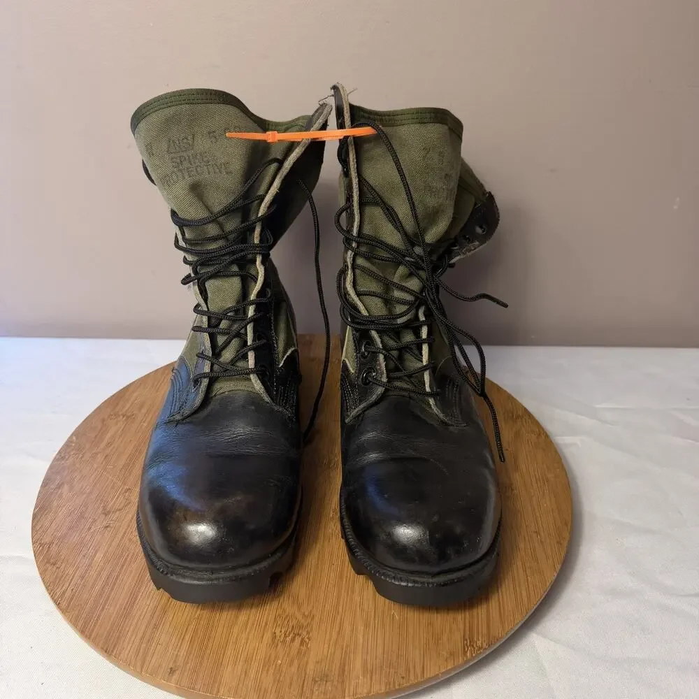 Vietnam War Original US Military Jungle Boots Green Canvas Black Leather Size 7W